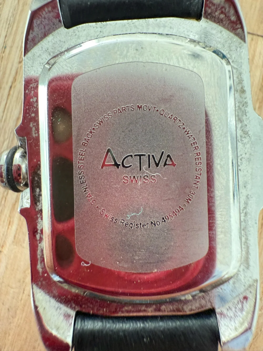 Activa Swiss ladies rectangular silver tone black leather watch NEW BATTERY